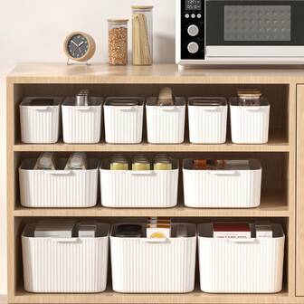 1/2/3Pcs Multifunctional Cabinet Plastic Storage Basket With Handle, Home Organization And Storage, Cosmetics Organizer, Snack Storage, Cupboard Desktop Large Capacity Sundries Storage Box, Kitchen Storage Container Box, Space-Saving, Suitable For Student And Adult Use In Home, Kitchen, Bathroom, Bedroom, Dorm, Office