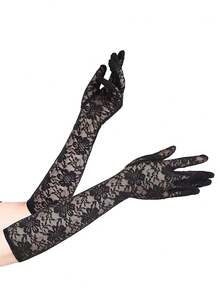 Black Vintage Lace Long Fingerless Gloves, Sexy Mesh Short Bride Gloves For Wedding Photography Props, White Bridal Arm Sleeves Autumn Accessories - Black - View 8