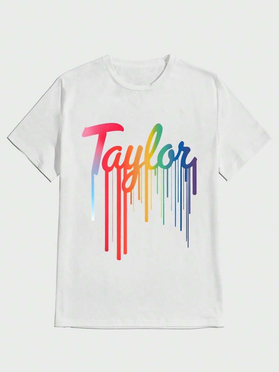 Para hombre,Camisa con Letra "Taylor" en Estilo de Colores Derramados,Camiseta casual de cuello redondo y manga corta con estampado,adecuada para uso diario en primavera y verano,unisex - Blanco - Ver 1