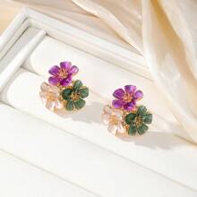 Pendientes florales de metal geométrico con efecto de goteo de aceite, pendientes asimétricos de rayas estilo playa