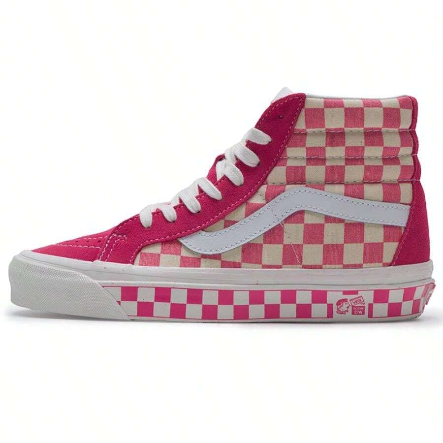 Vans SK8-Hi 38 DX 高帮滑板鞋,男女款轻便休闲运动鞋 - 粉紅色/粉白棋盤格 - 查看 1