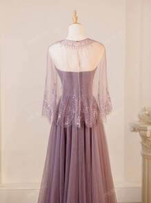 Elegante e raffinato abito da sera/abito in stile derby con sovrapposizione in rete viola, con scialle in pizzo, vestito formale, da cocktail, abito da sera, per invitati a matrimoni