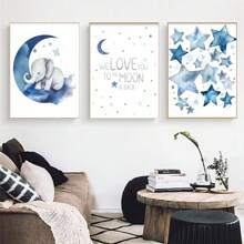 1 Stück Wandkunst Poster wahlweise mit Rahmen Dekor, Baby Mädchen Elefant Kinderzimmerdekoration - Baby Jungen Zimmer Dekorationen für Kinderzimmerwand, blaue Mond und Sterne Kinderzimmerkunstdrucke, süßes Elefantenposter Tierbild für Schlafzimmer