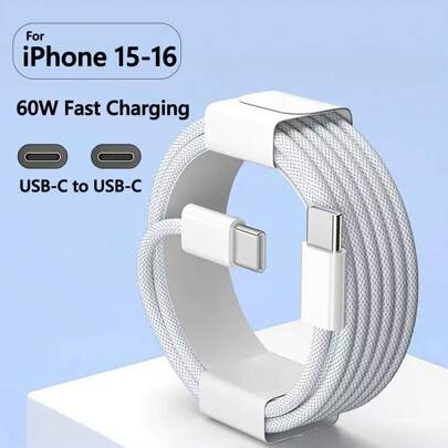 60W Type C To Type C Cable, 1-2pcs For IPhone 16/15 Fast Charging Cable USB-C To USBC Power Cord For IPhone 16/15 Pro Plus Pro Max IPad/IPad Pro 12.9/11, Compatible With Samsung Galaxy S25 S24 S23 S22 S21 S20 Ultra S10(White) Nan