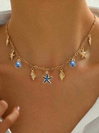 قلادة عقد أنثوي موضة ، طراز بوهيمي بحري ، زينة نجم البحر والصدفة والسلحفاة، سلسلة دائرية متعددة الشخصيات، هدية لحفلات المهرجانات، إكسسوار متعدد الاستخدامات
