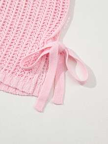 Women's Hollow Out Crochet Side Tie Short Sleeve Sweater, Summer - Pink - View 8