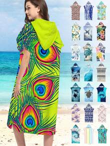 1pc Peacock Feather Print Hooded Cloak/Robe - Ultra Soft Microfiber Beach Pattern, Suitable As Gift For Him/Her/Couples - Beach & Home Decor, Couples Cape | Microfiber Bathrobe, Suitable For All Occasions Back To School - Multicolor - View 7