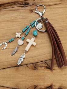 1 pieza Llavero de estilo vaquero occidental retro, llavero con colgante de borla, turquesa, cruz, hoja, herradura, llavero de cuentas de turquesa y borla, regalo de estilo occidental, llavero de cruz, decoración de borla, vaquera hippie occidental, llavero de coche, llavero de cruz, accesorio de bolsa, regalos para uso diario, hombres y mujeres, accesorios de coche/bolsa, mochila, recuerdo, regalo