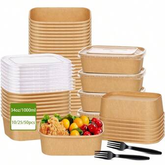 1000ml/34oz Disposable Kraft Paper Bowls With Lids, Rectangle Food Containers Soup Bowls Party Supplies Treat Bowls 10/25/50 Pcs