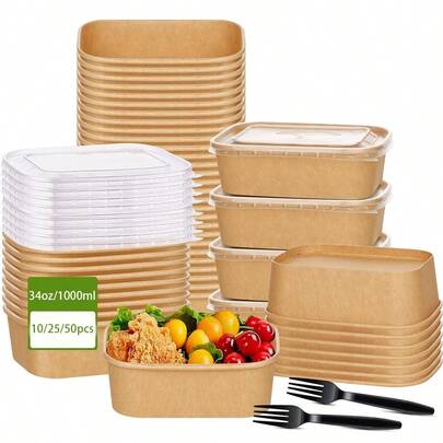 1000ml/34oz Disposable Kraft Paper Bowls With Lids, Rectangle Food Containers Soup Bowls Party Supplies Treat Bowls 10/25/50 Pcs, Wedding And Birthday Supplies, Home And Party Decorations