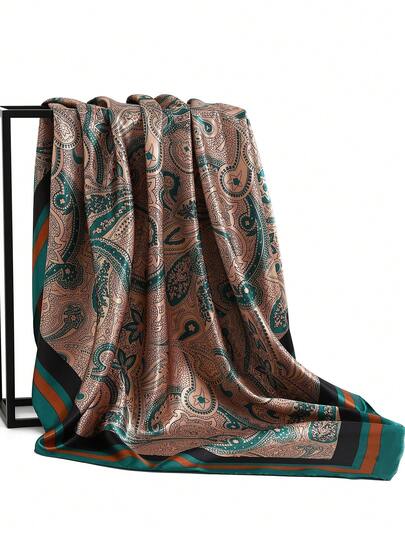 1pc Fashion Square Silk Scarf, New Design 90*90cm Luxury Scarf, Floral Print Headscarf Shawl Neck Wrap For Women, 35.4inch For Dress