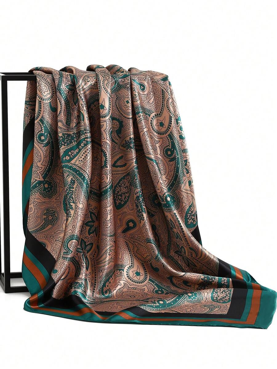 1条时尚方形真丝围巾，新款设计，90*90厘米，奢华围巾，花卉印花头巾披肩颈巾，女士适用，35.4英寸，适合连衣裙搭配。 - A - 查看 1