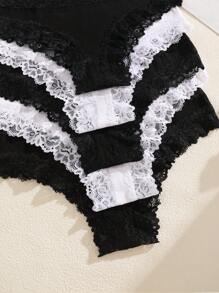 5 pièces Culottes triangulaires pour femmes, de couleur unie avec bord en dentelle rayé, sexy et respirant