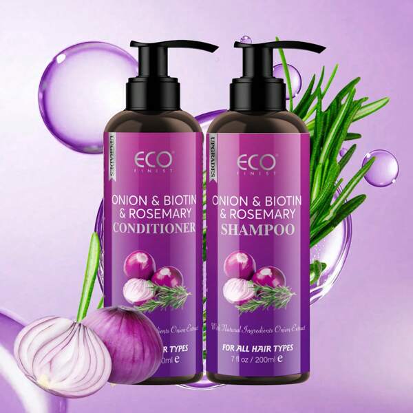 Conjunto de Shampoo e Condicionador com Cebola, Biotina e Alecrim para Amaciar e Brilhar os Cabelos, Proteção Contra Calor, Controle de Oleosidade, Ideal para Uso no Verão, Repara Cabelos Danificados, Hidratante de Cabelos Naturais Infundido com Extrato de Cebola, Alecrim, Biotina e Jojoba, Cuidado do Couro Cabeludo, Remove Caspa Solta, Fortalece os Cabelos, Cabelo Seco e Liso
