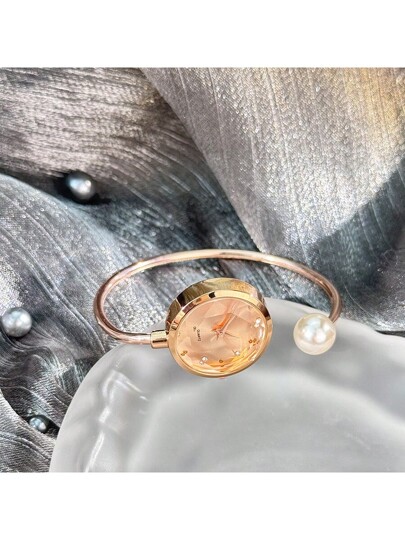 1pc Delicate Bracelet Horloge Large Pearl, Diamond Cut Glass Dial, Minimalist Quartz view 3