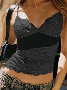 Women Summer Lace Camisole Casual Irregular Patchwork V-Neck Spaghetti Straps Tank Tops Sleeveless T-Shirt - 黑色 - 查看 2