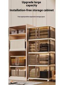 1pc Household Foldable Storage Cabinet, High Capacity Double-Door Bedroom Clothes & Toy Organizer, Multi-Layer Storage Box, No Installation Required