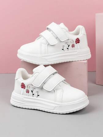 1 Pair Girls Embroidered Cute Design Classic White Sneakers, Versatile To Match Dresses, Lightweight Non-Slip Durable, Suitable For Spring, Summer, Autumn, Winter