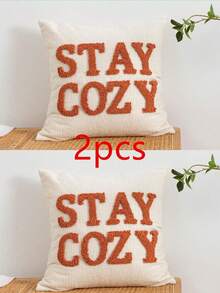 STAYCOZY 标语抱枕套（1个/2个），雪尼尔面料，北欧风格刺绣毛绒靠垫套，适用于沙滩椅、客厅、花园沙发、度假房间装饰，四季皆宜，尺寸：30*50厘米，45*45厘米（不含枕芯） - 橘色 - 查看 21