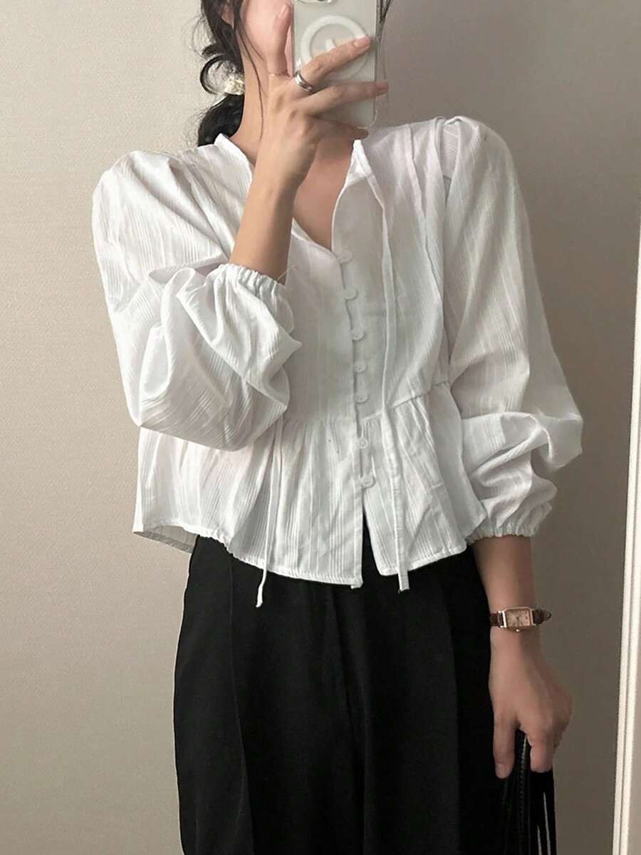 2025 Korea Chic Early Spring French Style Niche Textured Single-Breasted Lace-Up Round Neck Blouse For Women - White - View 1