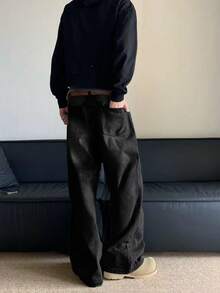 1件 Hearty Haven 宽松休闲时尚百搭街头风阔腿直筒牛仔裤 - 黑色 - 查看 4