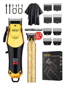 HIENA 2pcs Hair Clipper Combination Set, T9 Blade Head Shaving, Cordless Gold Electric Hair Clipper, LED Display Long Battery Life, Home Companion Assistant - Gold - View 2