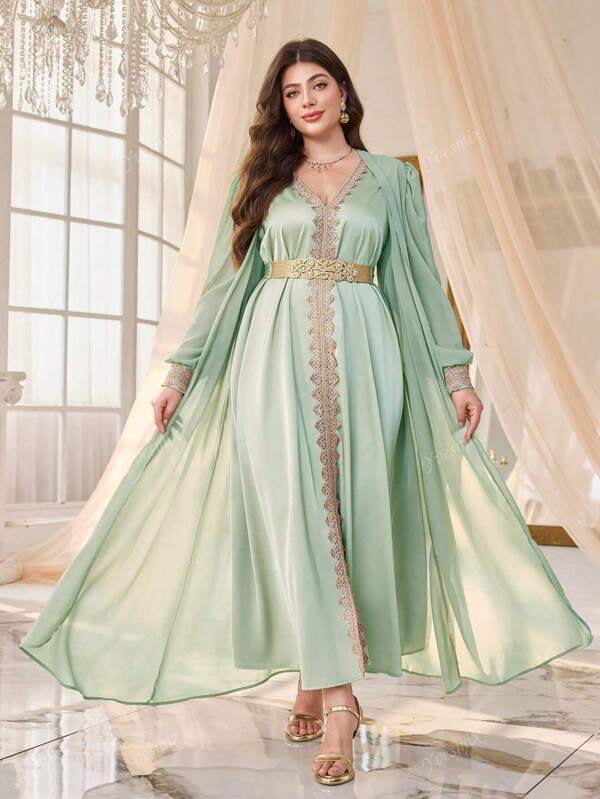 Plus Women V-Neck Sleeveless Lace Elegant Slit Dress With Detachable Belt And Arab Style Outer Long Sleeve Two Pieces Set