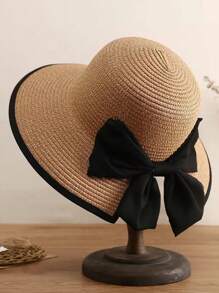 Chapeau de paille pour femmes, grand bord pliable avec nœud papillon, ouverture sur le dessus pour queue de cheval, style unique et chic, mode coréenne pour l'été