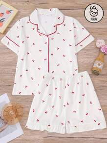 2 piezas Conjunto de pijama de manga corta para niños, nuevo estilo de verano cárdigan abierto con estampado de cerezas abstractas y lindas para niñas ropa de dormir y de estar por casa, adecuado para niñas