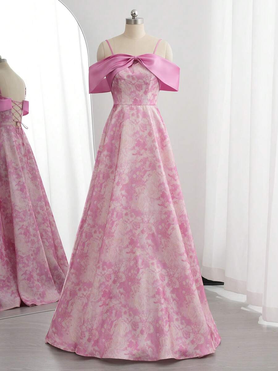 女式复古蝴蝶结印花连衣裙优雅正式晚礼服、舞会晚宴礼服、婚礼宾客伴娘礼服、毕业礼服、晚宴婚礼活动派对节日服装、礼服