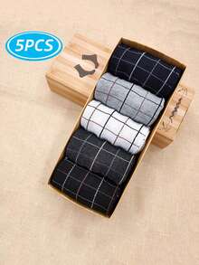 5 Pairs Box Pack Men's Plain Mid-Calf Business Socks, Multi-Style, Year-Round, Spring/Summer/Autumn/Winter - Multicolor - View 4