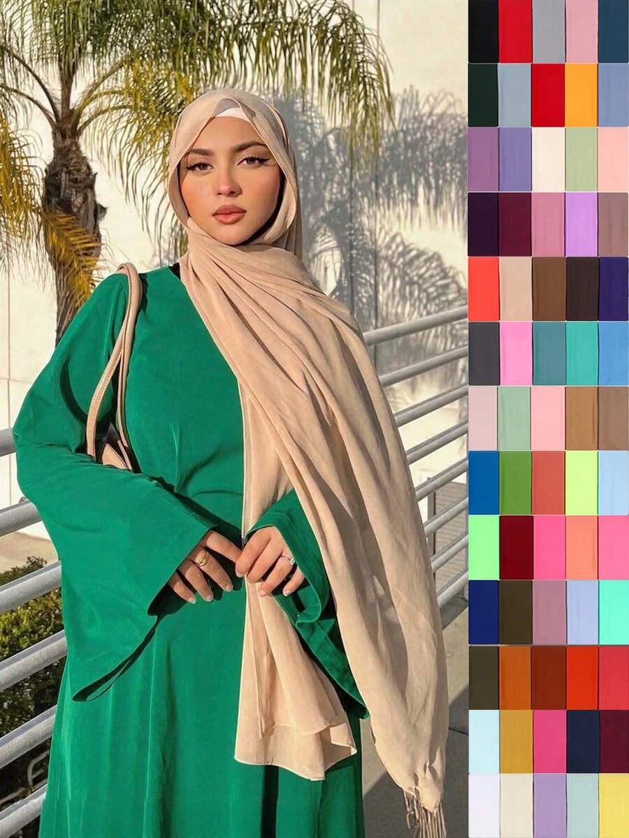1 pieza Pañuelo de cabeza de gasa de unicolor elegante con perlas, hiyab musulmán versátil, adecuado para abayas de todas las estaciones, se puede usar como chal protector solar para vacaciones y atuendo modesto simple diario (Este producto es de 70*180cm talla única, debido a las diferencias de iluminación y pantalla, puede haber algunas diferencias de color, no se aceptan devoluciones por problemas de color o talla)