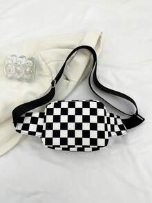 纯色尼龙和格纹面料时尚简约百搭运动风格男士迷你斜挎包，适合旅行和 - 黑與白 - 查看 7