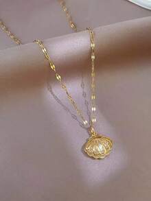 1pc Stainless Steel Micro-Inlaid Zirconia Hollow Shell Faux Pearl Necklace - Yellow Gold - View 6
