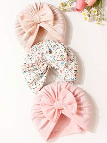 3 件蝴蝶结婴儿帽，可爱女童帽，适合 0-2 岁婴儿日常使用 - 彩色 - 查看 2