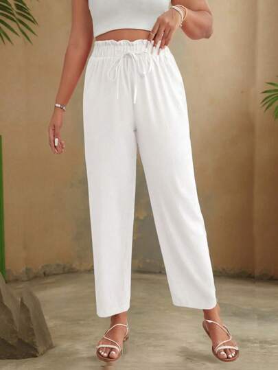 Casual Solid Color Drawstring Harem Pants, Cropped