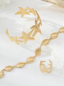 Conjunto de 3 peças de pulseira de estrela do mar dourada martelada, anel, conjunto de joias de pulseira de concha, estilo elegante de férias no oceano, versátil para festas, encontros e feriados