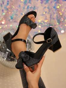 1 Pair Shiny Glitter Bow-Knot T-Strap Platform Round Toe Sandals, 5cm Chunky Heel, Elegant Fashion Comfortable Sandals For Teenage Girls, Suitable For Daily, Party, Wedding, Office, Indoor & Outdoor, Spring & Summer 2025 New Arrival - Black - View 3