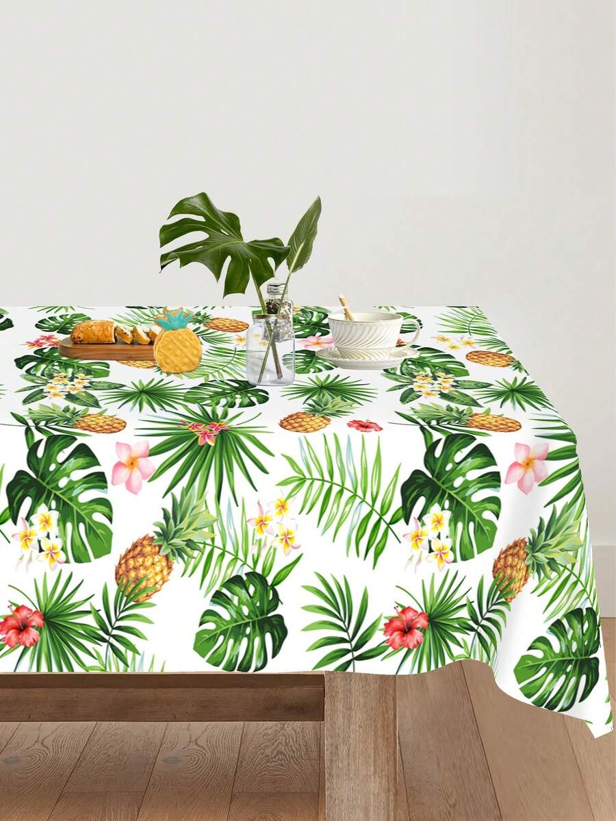 Hawaiian Table Cover, Tropical Palm Leaves Pineapple Pattern Plastic Table Cloth, 86.61 X 51.18inch Disposable Rectangular Tablecover Decor, For Summer Beach Birthday Party Supplies, Kitchen Party Table Decoration