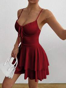 1 Peça Vestido com Cordão Sem Costas Sexy Estilo Y2K, Macacão com Saia Plissada Elegante Adequado para Bar, Festa, Casa e Cerimônia de Formatura, Estilo Transfronteiriço Europeu e Americano 2025