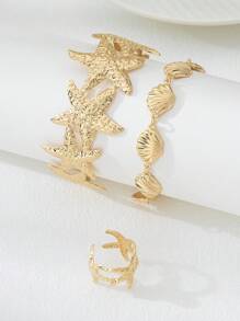 Conjunto de 3 peças de pulseira de estrela do mar dourada martelada, anel, conjunto de joias de pulseira de concha, estilo elegante de férias no oceano, versátil para festas, encontros e feriados