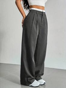 Womens Striped Color Block High Elastic Waist Wide Leg Pants Trousers Long Straight Dress Pants - 灰色 - 查看 4