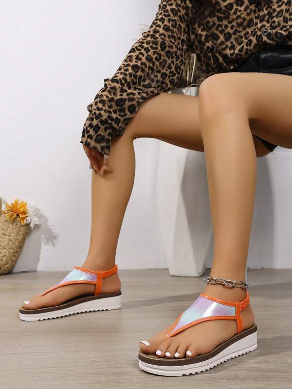 1 Pair Fashionable Colorful Summer Flip Flops, Elastic Band, Slip On Beach Sandals For Women
