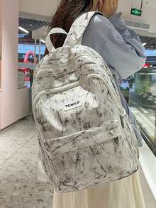 1pc Tie-Dye Pattern Backpack, Minimalist Design, Fashion & Versatile, Large Capacity, Zipper Closure, Suitable For Students - White - View 3