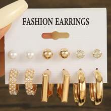 6-18pcs/Set Fashion Simple Versatile European & American Style Golden Metal Faux Pearl Heart Rhinestone Earrings Set, Suitable For Parties, Gatherings, Daily Wear, And Holiday Gifts