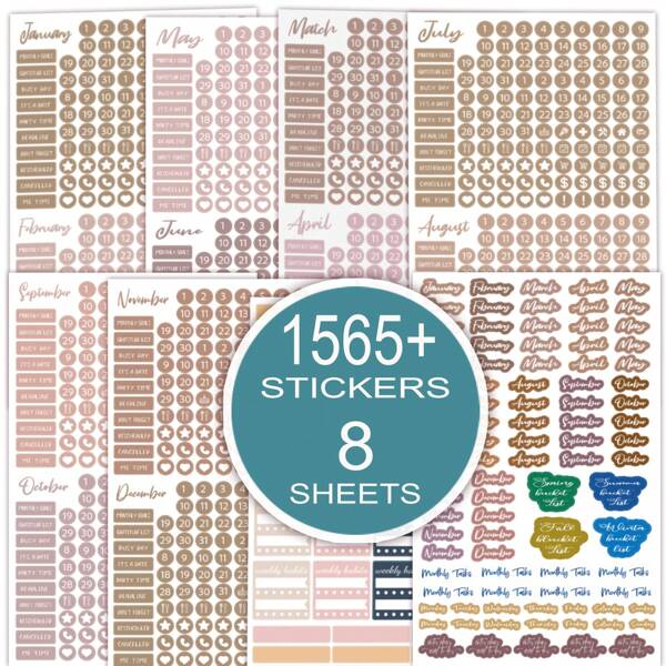 Bohemian Style Daily Planners Calendar Essential Planning Stickers - Color Coordinated Monthly Headings, Dates, Icons, Planner Stickers, Monthly Weekly Diary Planning Stickers For Calendar Decoration, Journaling Daily Planner Accessories - Holidays, Seasonal, Festive Activities, 8 Sheets/1565 Stickers,School Supplies,Back To School