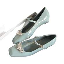 Scarpe da donna con punta quadrata, cinturino a T con perline francesi, tacco basso, Mary Jane, bocca piatta, temperamento gentile - Beige - Visualizzare 6