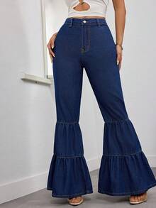 Flared Jeans With Layered Ruffle Hem Design, Elegant Casual Summer Women's Wear, Fashionable Retro Street Style, OL Commute Long Denim Pants - Dark Wash - View 8