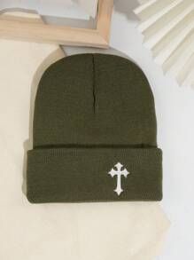 1 Peça Gorro de Malha Estilo de Rua Masculino com Bordado em Cruz, Chapéu de Malha Y2K, Sem Aba, Visual de Halloween e Outono