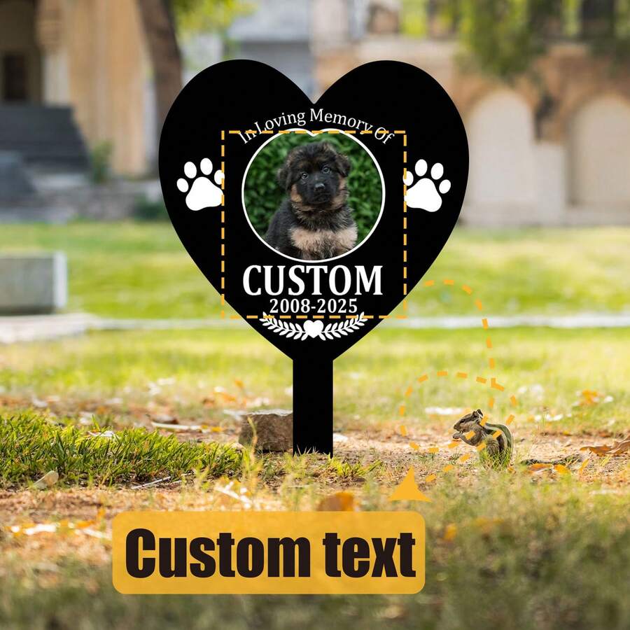 1pc Customized Pet Photo Memorial Metal Grave Marker - Personalized Plaque With Name & Date, Heart Shaped Design, Durable Outdoor Lawn Art, Suitable For Dogs, Cats, Pet Loss Condolence Gift, Memorial Keepsake